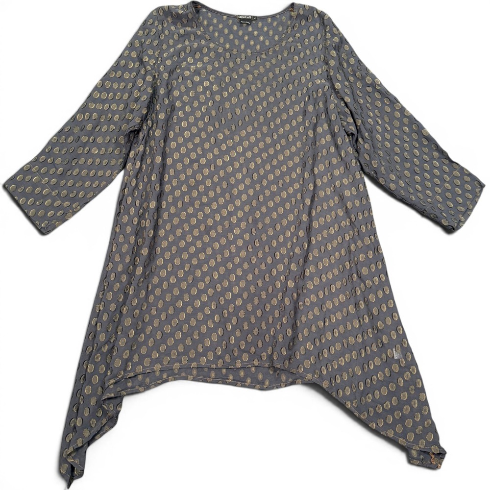 Grizas Silk Blend Sharkbite Tunic Top Gold Metallic Dot Grey Black Womens Size L